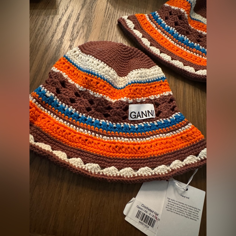 Ganni Striped Crochet Hat in Orange, Brown, and Cream